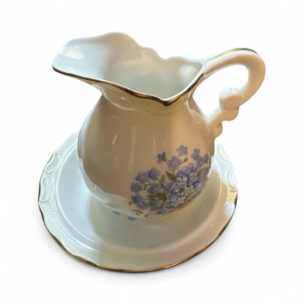Fairway Japan Porcelain Floral Creamer Under Plate Pitcher Gold Trim 3 1/2"